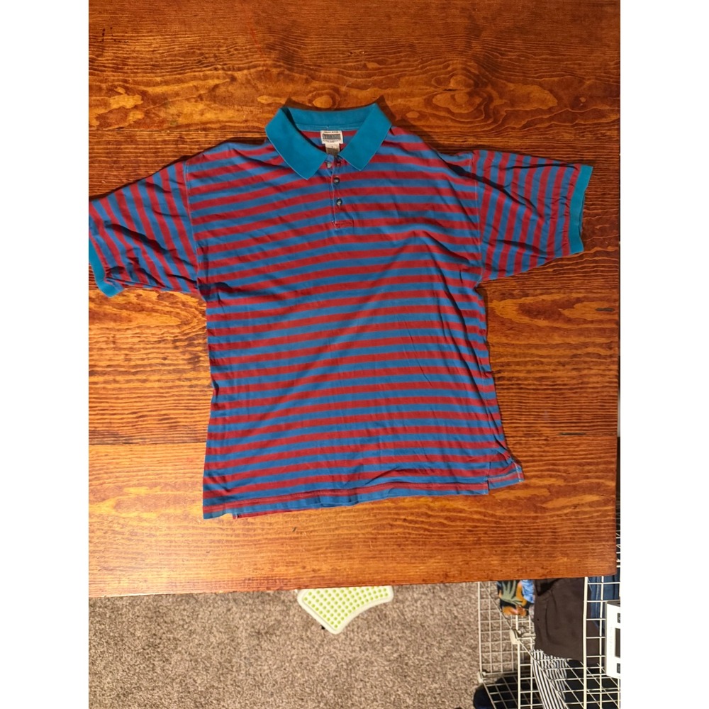 American Heritage Trails Polo Shirt Mens L Red Teal Striped Vintage 90s Cotton